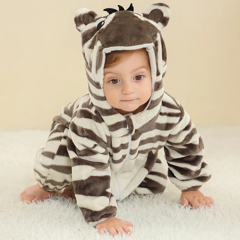 MICHLEY Halloween Cute Zebra Baby Rompers Winter Clothes Costume Flannel Hooded Bodysuits Pajamas Animals Jumpsuit For Girls Boy