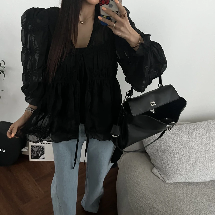 

Korean Style Sweet Soft Fashionable Women's Top Versatile Craftsmanship Summer 2026 Drawstring Loose Fit Long Sleeve V-Neck