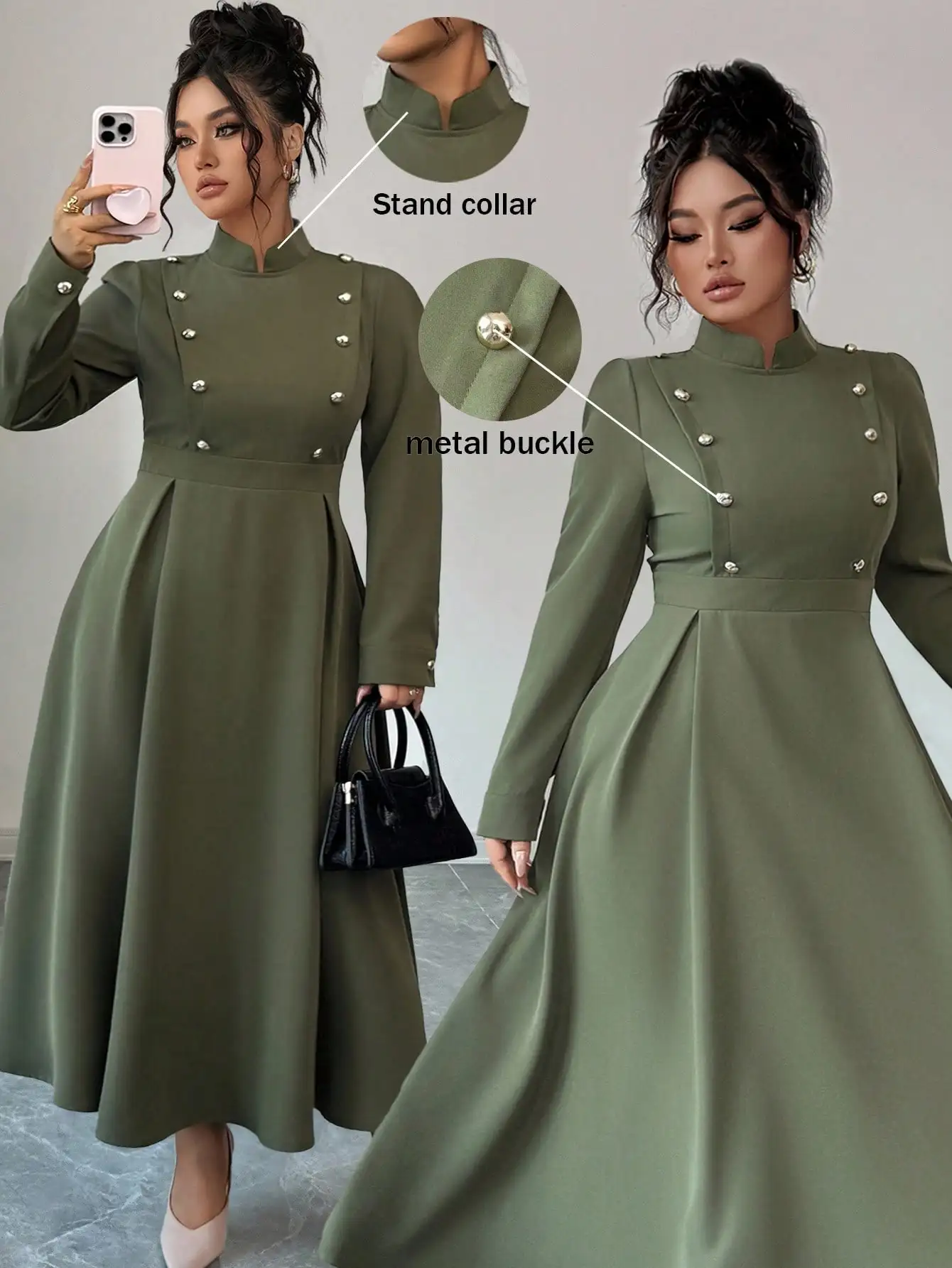 

Платье миди в стиле милитари с воротником-стойкой и металлическими пряжками для полных женщин, элегантная осенняя одежда для особых случаев