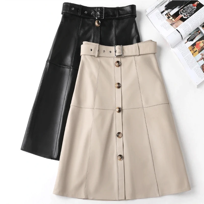 

Fahsion Leather Skirts For Women Spring Autumn High Waist Slim Single Breasted A-Line Skirt Natural Sheepskin Midi Faldas Mujer