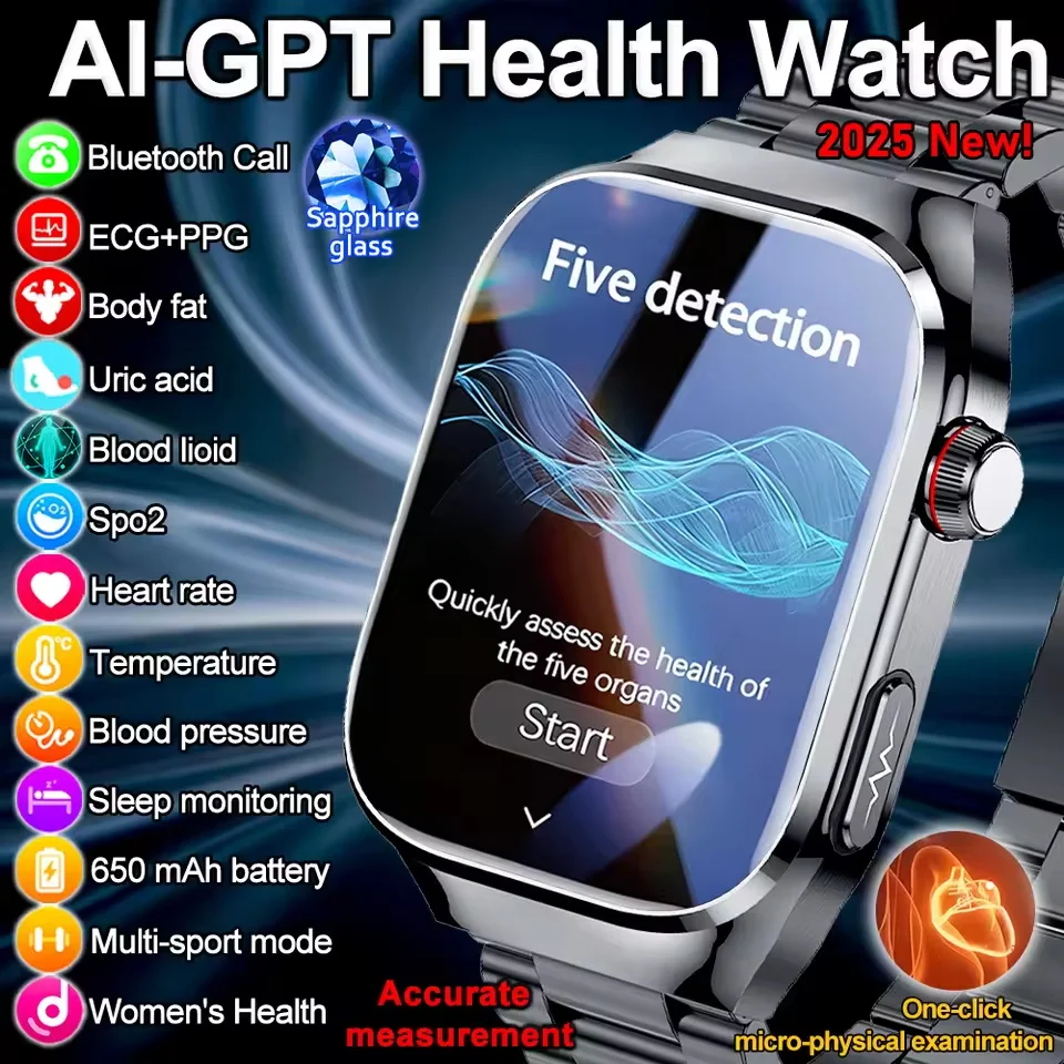 2026 New Nursing Grade Uric Acid Blood lipids Smart Watch Men ECG+PPG Blood Pressure Heart Rate Bluetooth Call Health Smartwatch