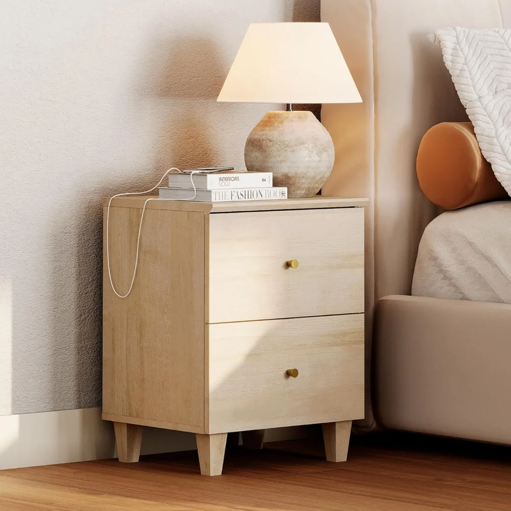

Nightstands with Charging Station&2 Sliding Storage Drawers, Modern Farmhouse End Tables Wood Bedside Table with 2 AC Outlets &