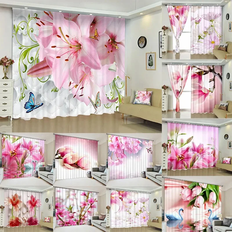 

Pink Floral Curtains for Bedroom Window Curtain Semi-Blackout Living Room Shading Outdoor Decor Flowers Lily Home Texitle 3D 2pc