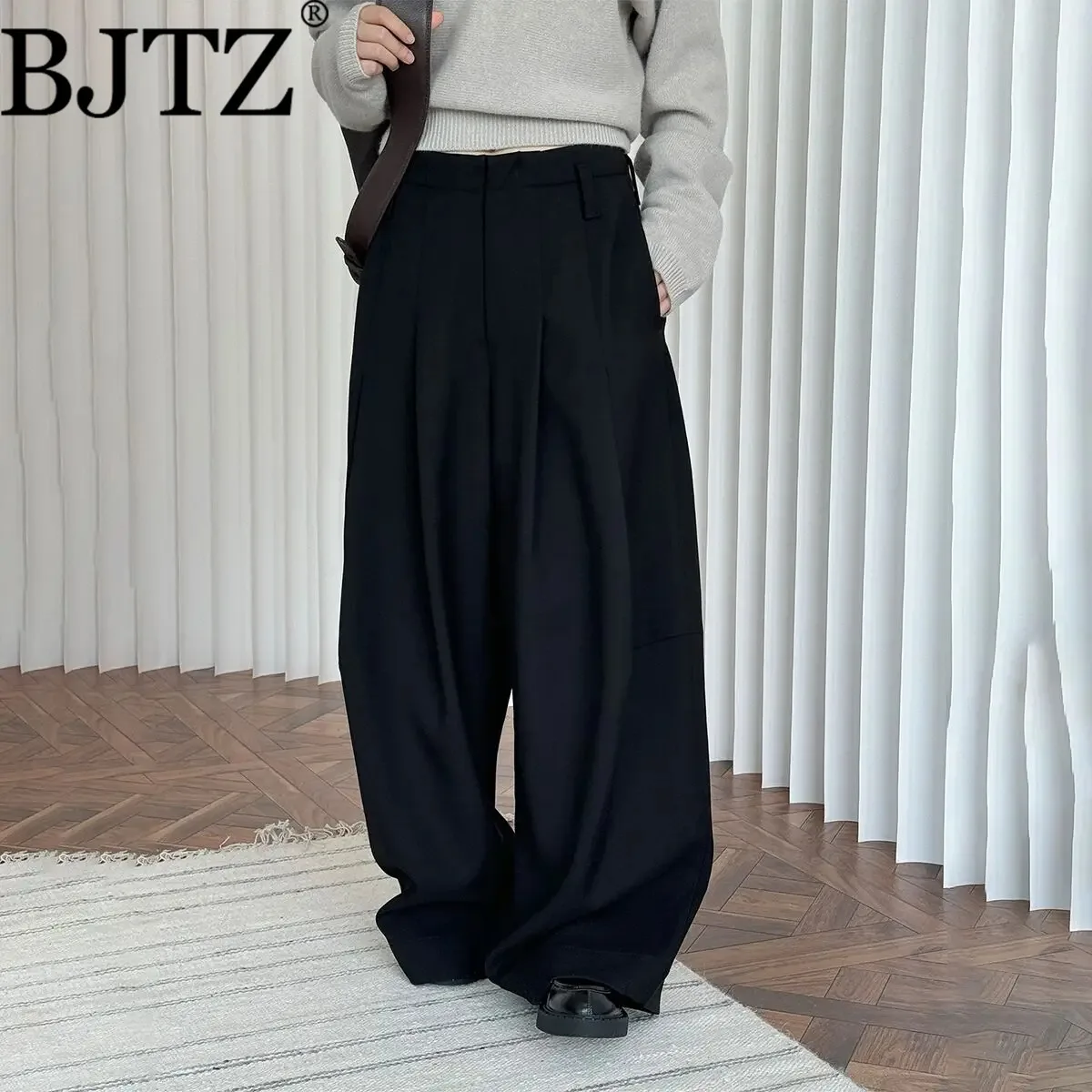 

BJTZ женские широкие брюки 2026, весенне-осенние офисные брюки с высокой талией, жесткие утолщенные утягивающие рабочие брюки, шикарный дизайн, повседневный