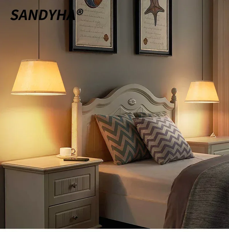 SANDYHA Nordic Pattern Fabric Chandelier Modern LED Hanging Lamp for Dining Room Bedroom Bedside Living Study Home Decoration