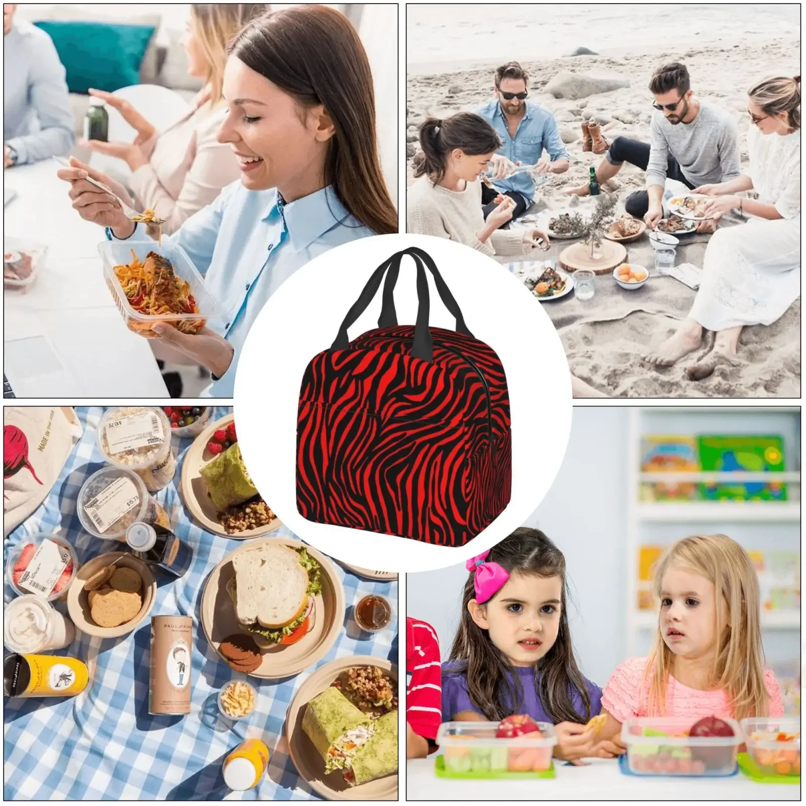 Red Zebra Print Lunch Bag Large Capacity Thermal Insulated Lunch Tote Lightweight Women's Lunch Box Bag for Work School Picnics