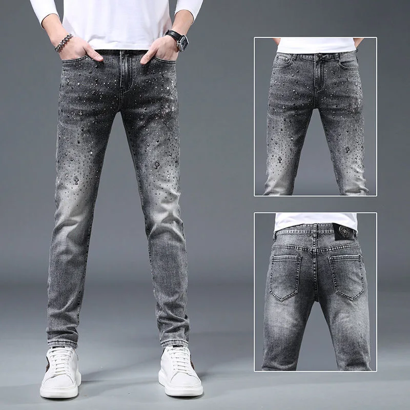 

Street Elastic Jeans Men Denim Cargo Pants Wash Solid Color Multi Pockets Casual Mid Waist Trousers Slim Fit Daily Wear Joggers