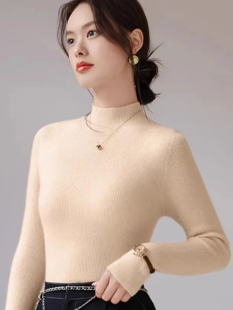 2025 الخريف الشتاء سترة الكشمير المعنقة المرأة عادية الصلبة محبوك القمم التخسيس الياقة المدورة البلوز الأساسية قاعدة كنزة صوف