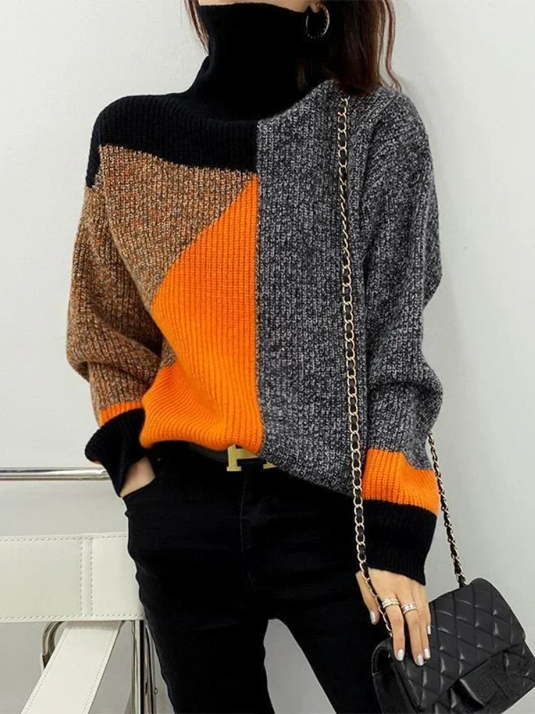 

2024 Autumn and Winter Fashion New Color Blocked Women's Elegant Loose Casual Street Style Warm Half High Neck Pullover Jumper