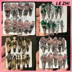 Luxury Court Romantic Rose Handmade Press On Nail Golden Butterfly False Nails 3D Rhinestone Pearl Detachable Full Cover Nails