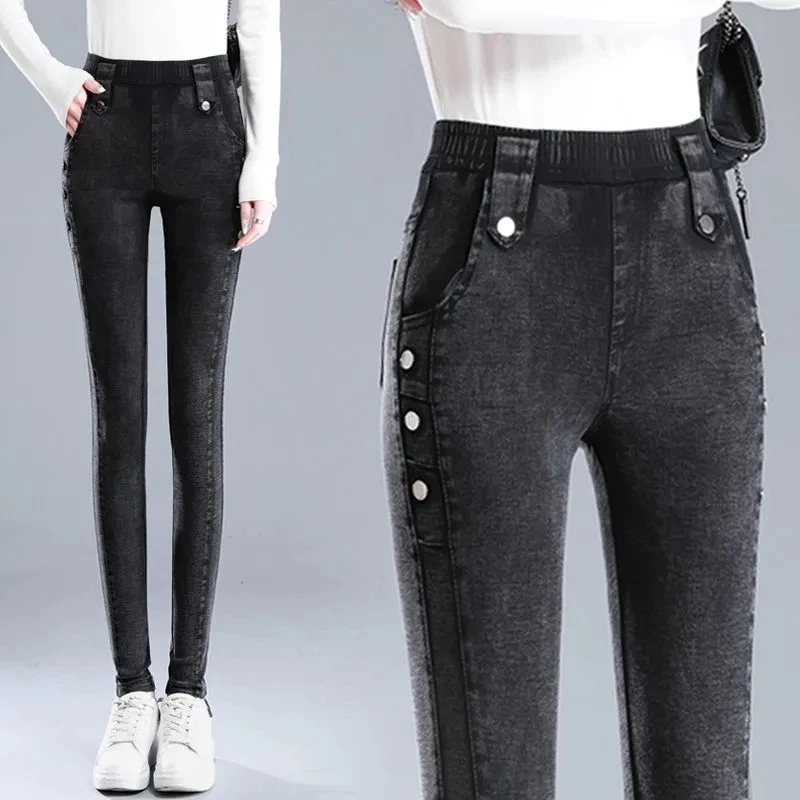 

Autumn Winter Warm Skinny Jeans For Women High Elastic Waist Wild Pencil Pants Middle-aged Mother Wild Stretch Denim Pants 4XL