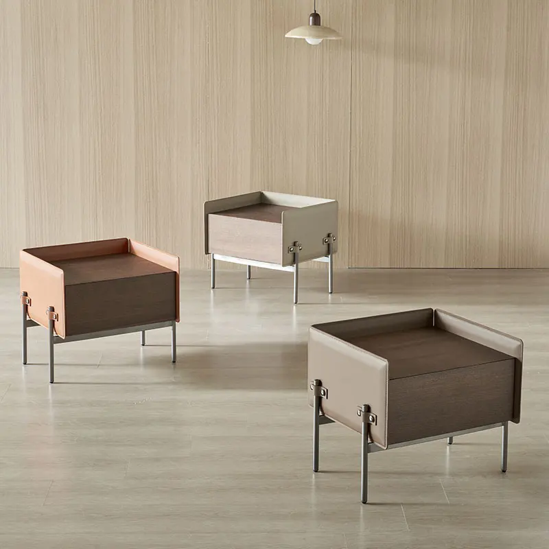 

Italian minimalist bedside table saddle leather solid wood modern light luxury high-end smoked bedside locker designer mode