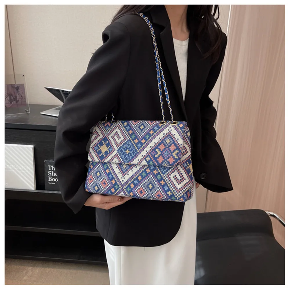 Ethnic Style Casual Commuting Crossbody Bag Summer New Styles Chain Shoulder Bag Fashion Simple Canvas Tote Bag 2024 New