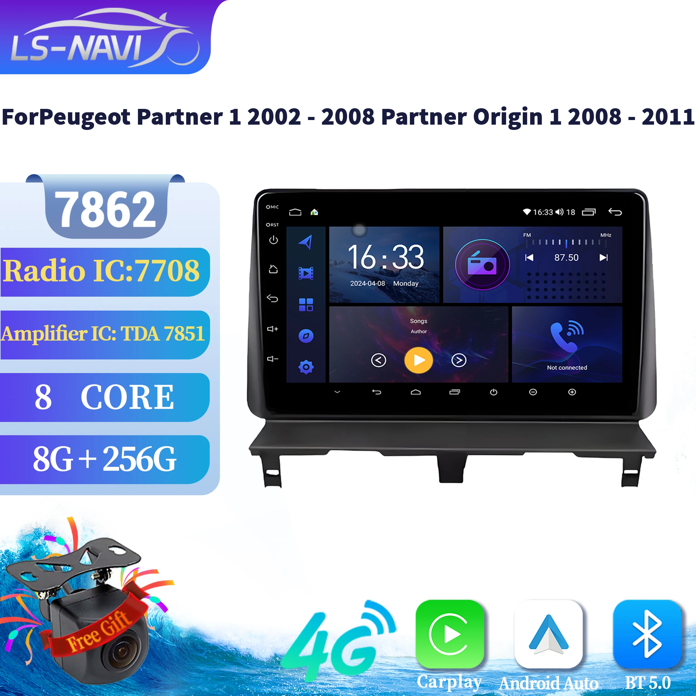 

For Peugeot Partner 1 2002-2008 Partner Origin 1 2008-2011 Wireless BT Carplay Radio Multimedia Android 14 7862 2K QLED Screen