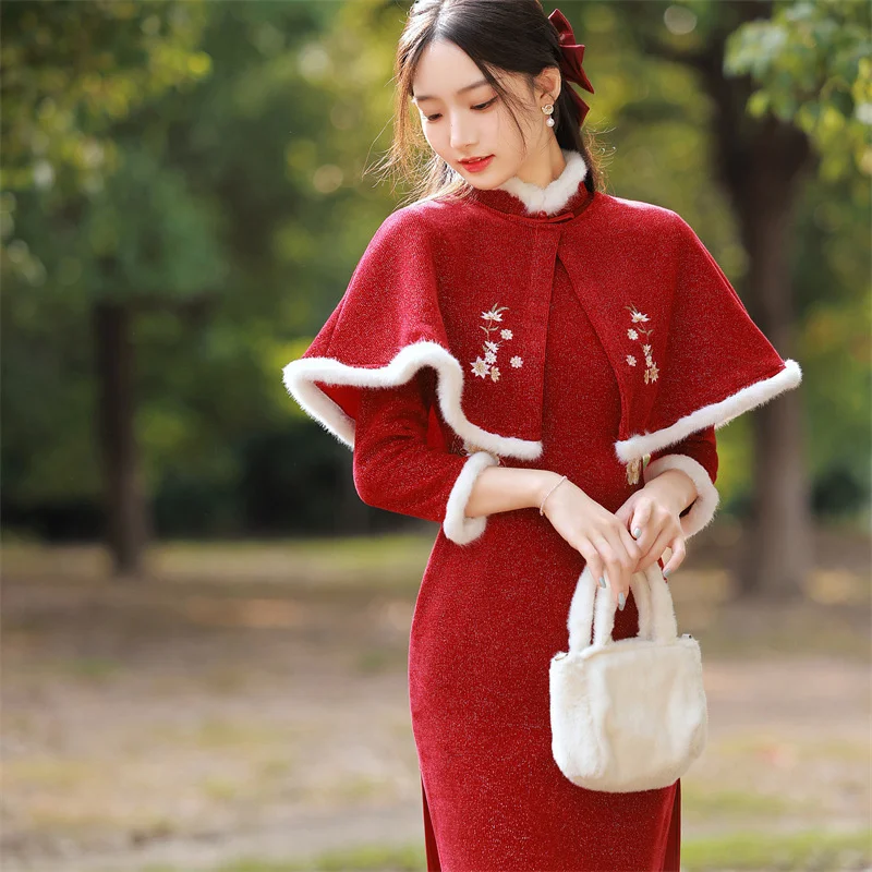 Chinesische Traditionelle Abendkleid Frauen Qipao Eleganti Dünne Lange Schal + Cheongsam Stickerei Winter Chinesische Neue Jahr Kleidung 2023