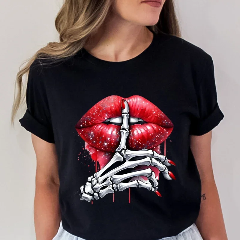 Funny Red Lips Skeleton Hand Print Female T-Shirt Casual Short Sleeve Tops Casual Graphic Clothing Streetwear Ladies Y2k Clothes