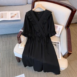 Vestido informal de talla grande para mujer, tela de algodón puro con cuello en V, diseño de cintura de encaje decorativo con volantes, cómodo y transpirable