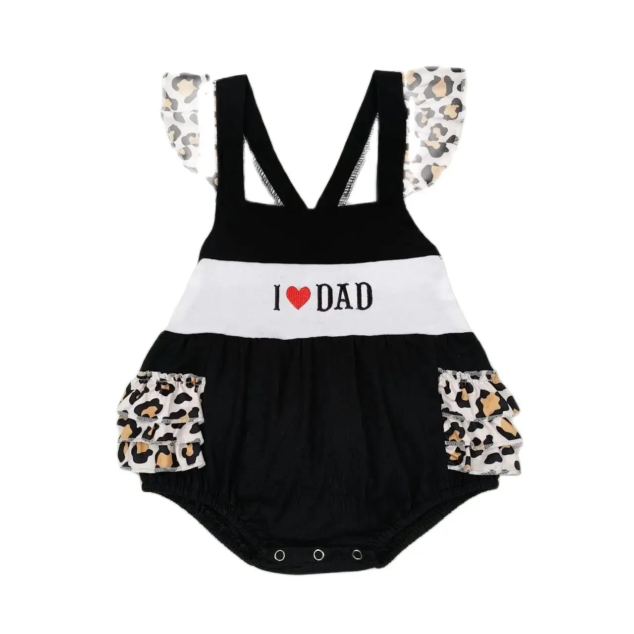 

SR1147 Kids Baby Girl Clothes Flying Sleeves Top I Love Dad Embroidered Lettering Leopard Print With Jumpsuit Children Clothes