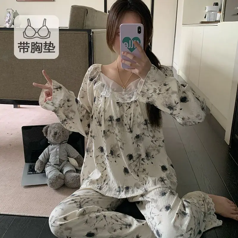2026 Spring Long Sleeve Cotton Pajama Sets for Women Korean Cute Lace Sleepwear Pyjama Pijama Mujer Homewear Ladies Home Clothes