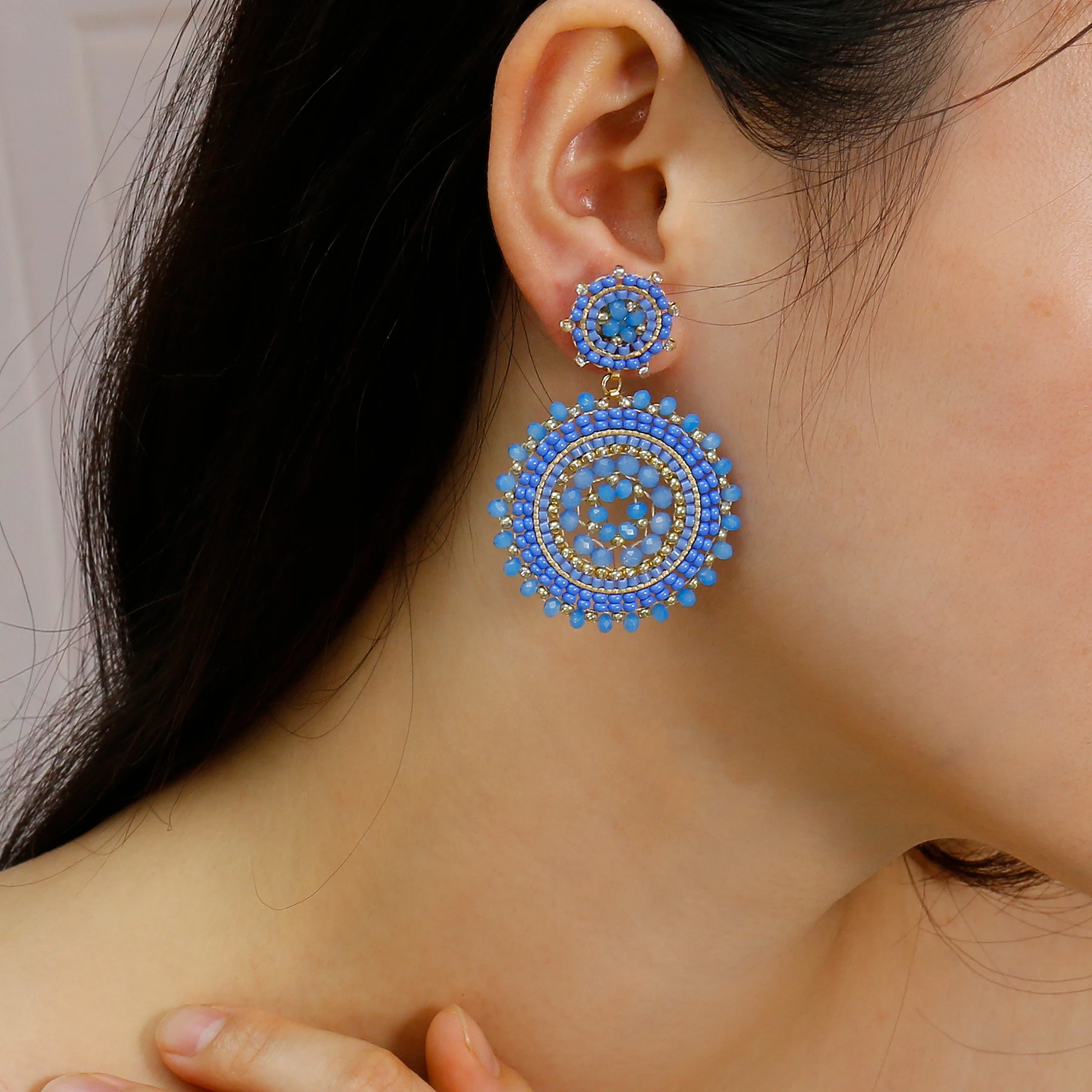 Badu Blue Beaded Earrings for Women Crystal Seed Beads Woven Round Dangle Handmade Earrings Bohemia Jewelry Oorbellen Gifts 2024
