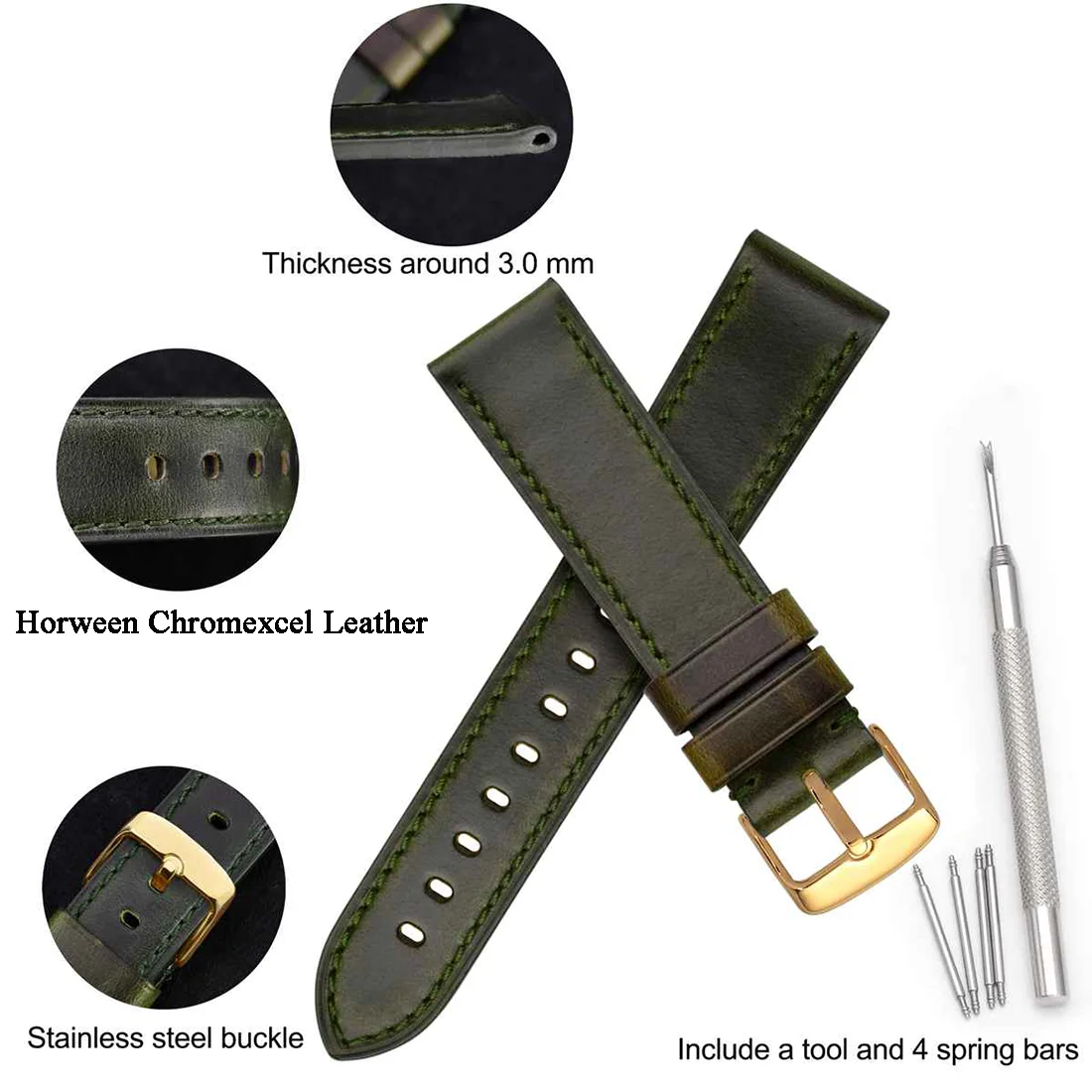 WOCCI Horween Chromexcel Leather Watch Band Women Watchband Men Gold Stainless Steel Buckle 18mm 19mm 20mm 21mm 22mm 23mm 24mm