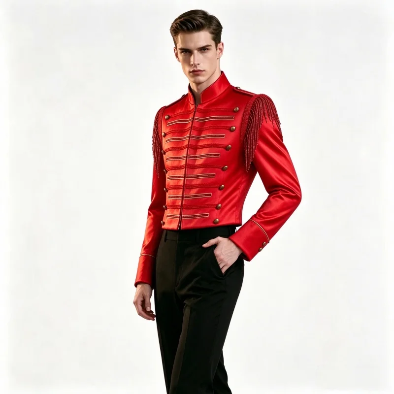 Men's Red Satin Jacket Stand Collar Tassel Shoulder Epaulet Cropped Blazer Singer Costume Party Short Coat Stage Performance
