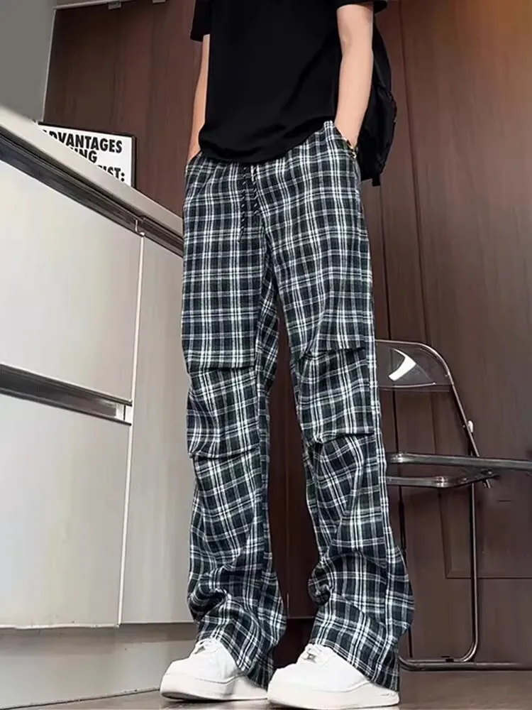 

American Retro Plaid Pants Men Summer Thin Cleanfit Pleated Straight Leg Slimming Micro Flared Knife Pants Casual Trousers