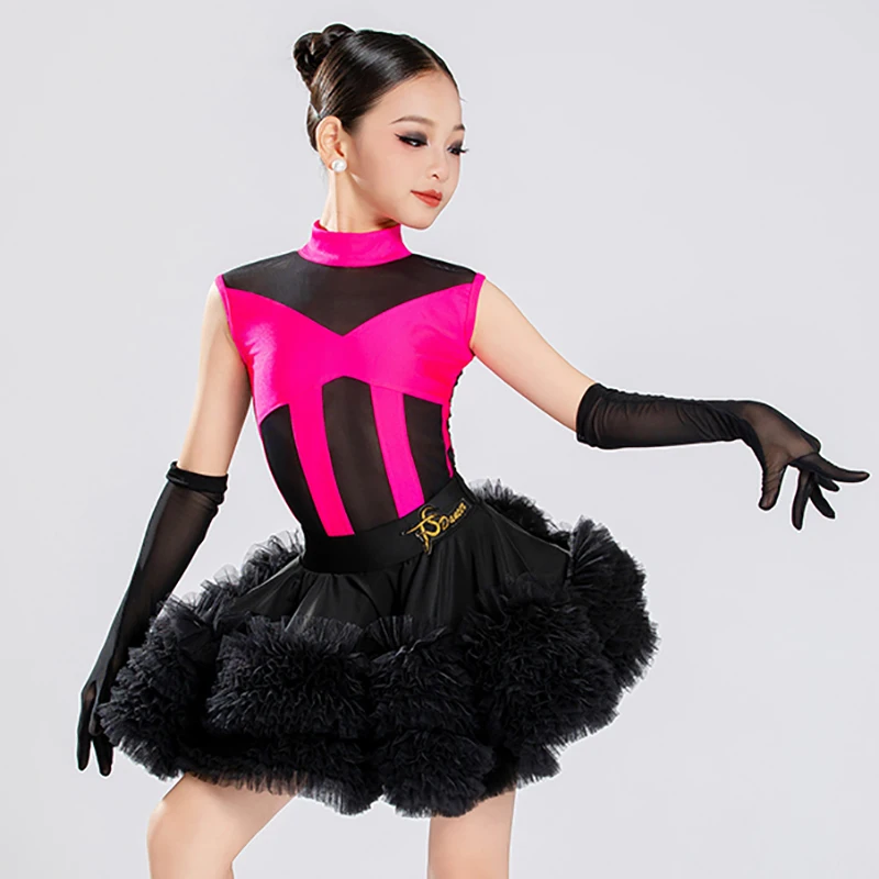 Body en maille contrastée pour enfants filles, grande jupe pivotante en dentelle, uniforme de classe, Costumes de spectacle