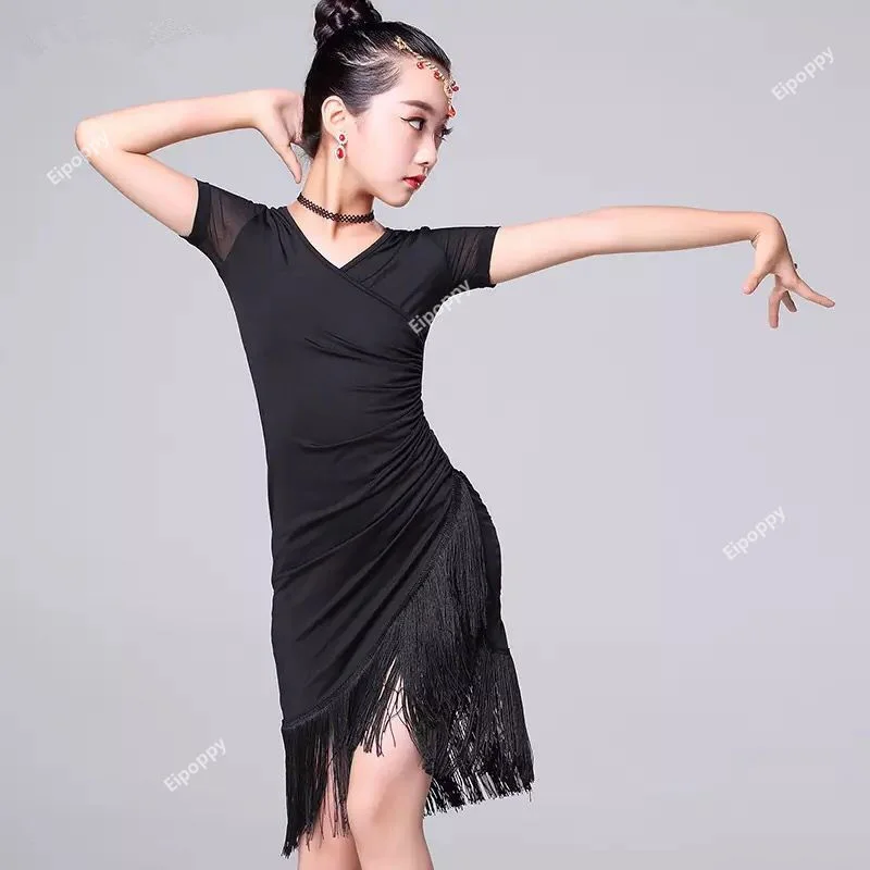 Vestido de baile latino para niños, traje de baile con flecos, Tango, Salsa, salón de baile, competición