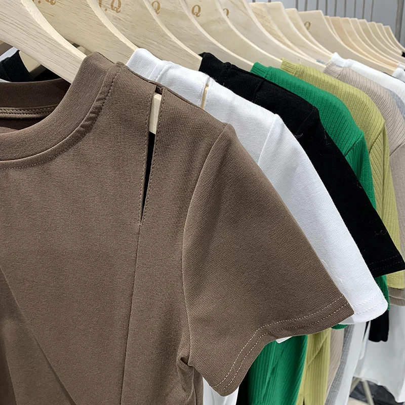 Shirring Drawstring Design Skinny Short T-shirt For Women Summer Slim Holes Short Sleeve Chic Top Female Cotton Korean Tees