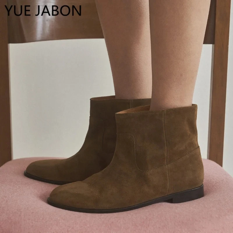 

Women 2024 New Low Heel Suede Shoes Cow Suede Gladiator Chelsea Boots Slip On Winter Chunky Ankle Boots Casual Snow Botas