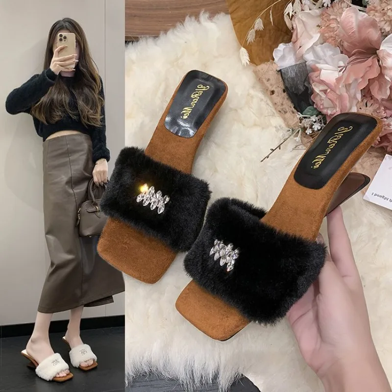 High Heels, Hairy Slippers Women's Fashion ,Outdoor Wear, 2025 Autumn Winter New Temperament, Sloping Heel, One Word Slippers