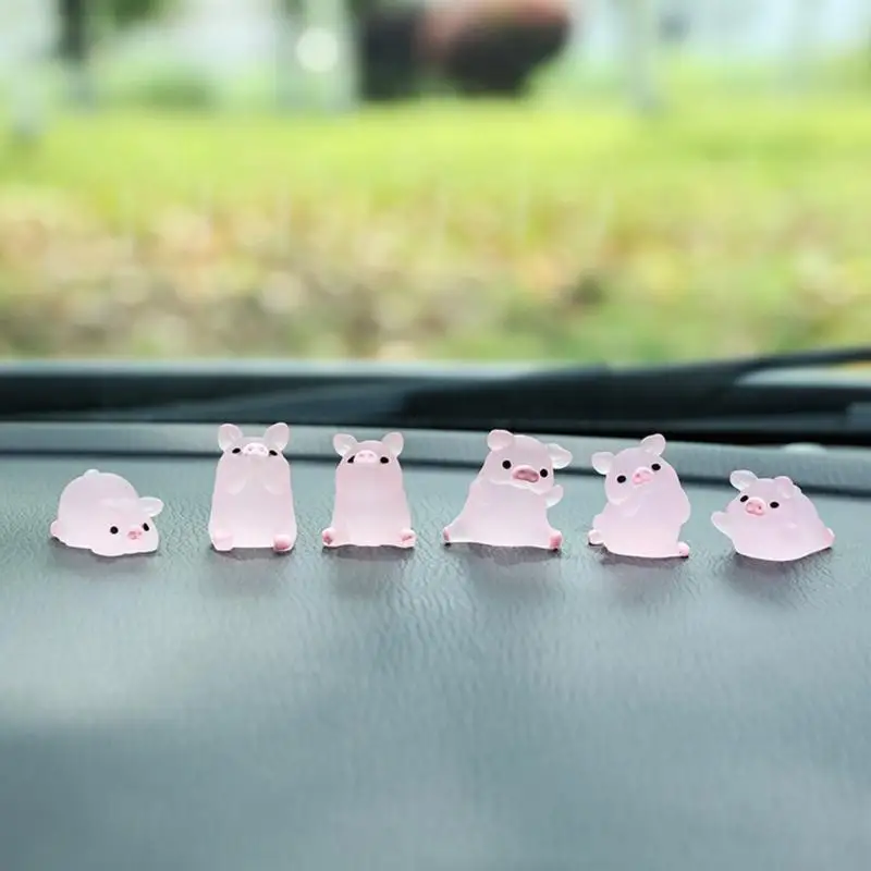 400A 6Pcs Luminous Pig Ornaments Car Mini Resin Piggy Figures Miniatures Garden Pigs