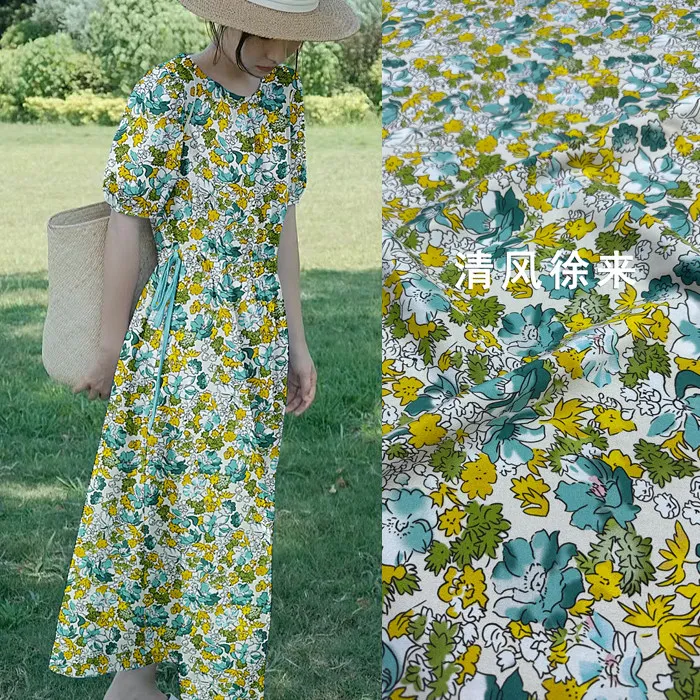 Green & Yellow Watercolor Floral Print Silk Stretch Crepe De Chine Fabric Mulberry Silk Material for Dresses 140cm wide blouse