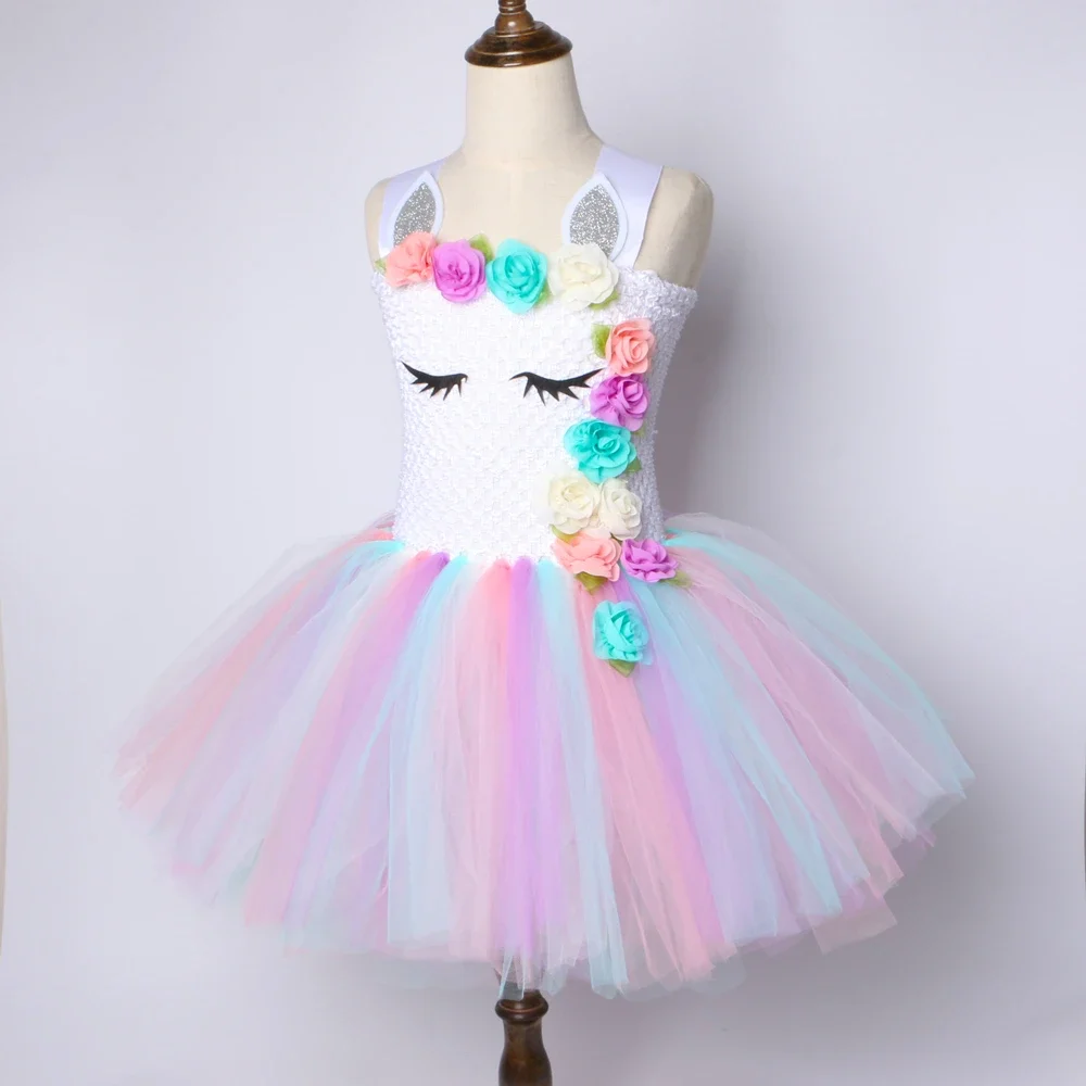 Flower Girls Unicorn Dress Pastel Rainbow Girls Birthday Party Tutu Dress Children Kids Halloween Princess Unicorn Costume 1-14Y