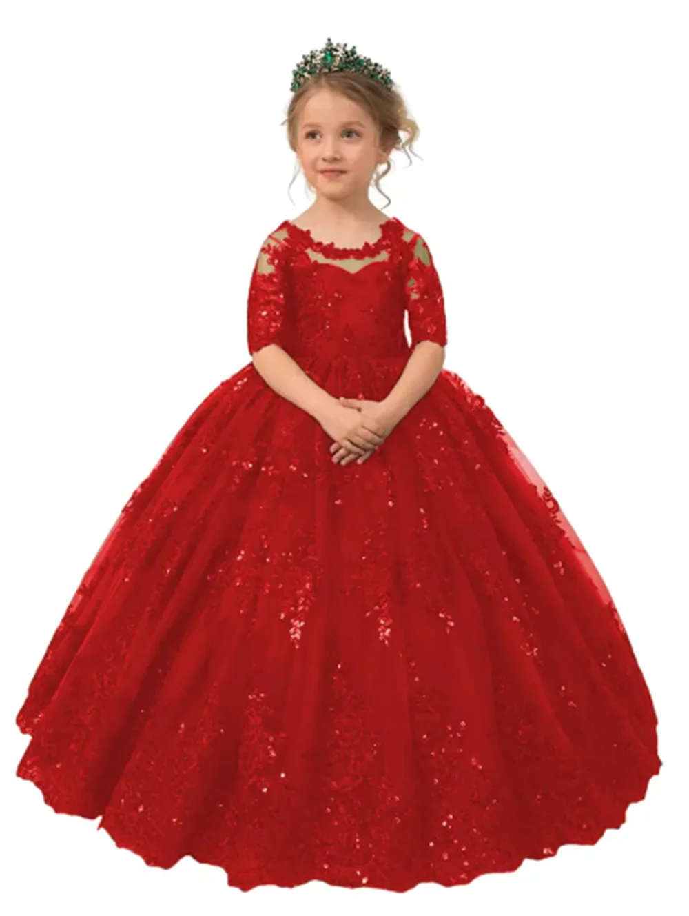 Emerald Red Long Princess Flower Girl Dresses Appliques Bow Tulle Half Sleeve Wedding Party Ball Gown Birthday Pageant Robe