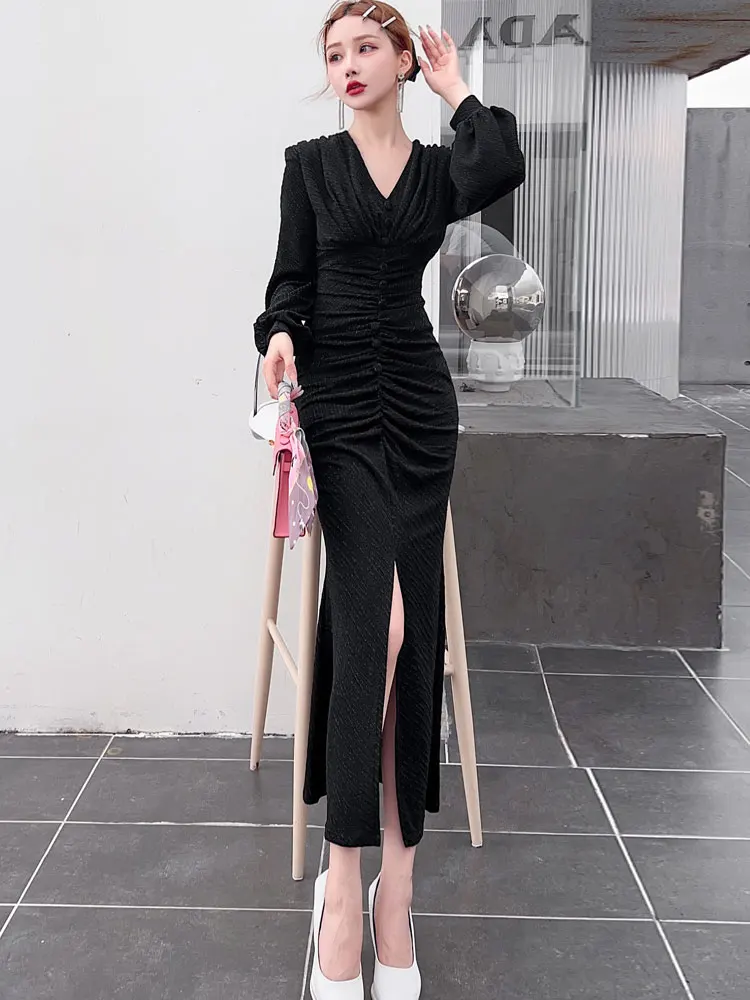 2024 Spring New Long Fishtail Dress Fashion Slim-Fit Female Temperament Slimming Sheath Waist-Tight Dresses Women's Clothes