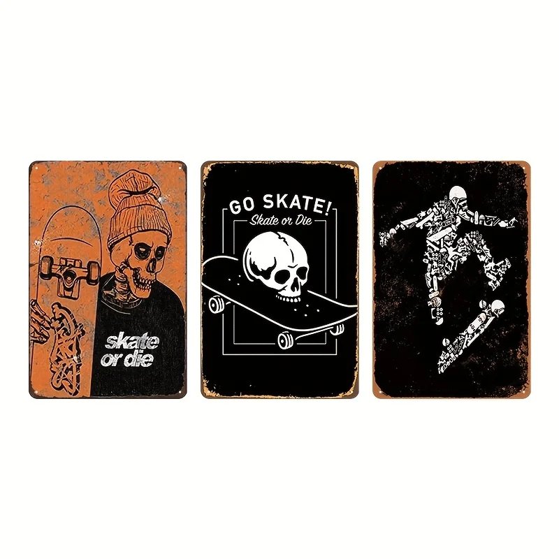 Decorative Sign& Plaque 3pcs Vintage for Skateboard Metal Sign Set, Retro Skater Wall Decor Pendants Featuring Classic for Skate