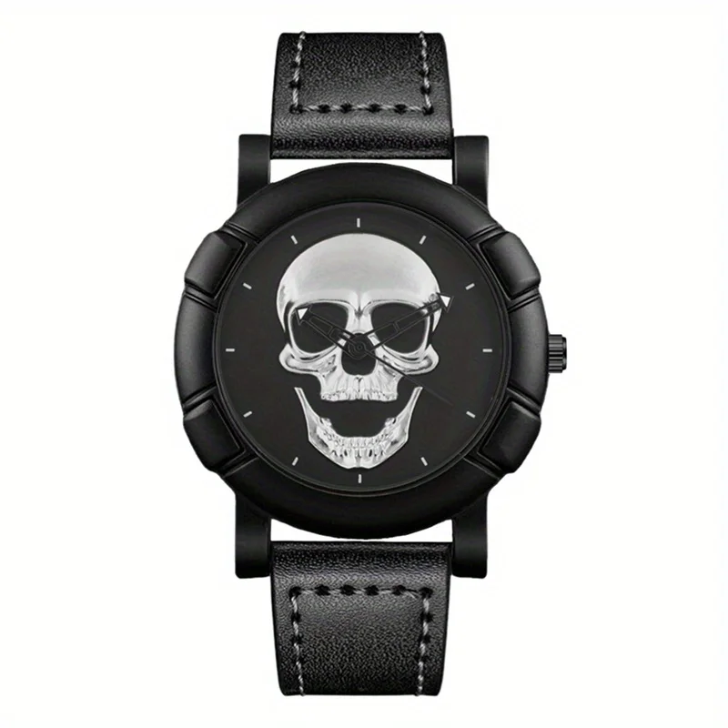 Skull Pattern Multi Display Pointer Round Quartz Watch With PU Leather Strap For Men