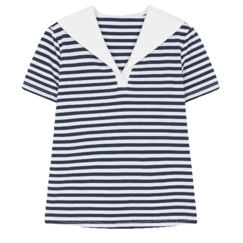 

Fashion Short Sleeved Sailor Collar Striped Patchwork Contrasting Women's T-shirt Top 2025 New Summer Young Style Minimalist