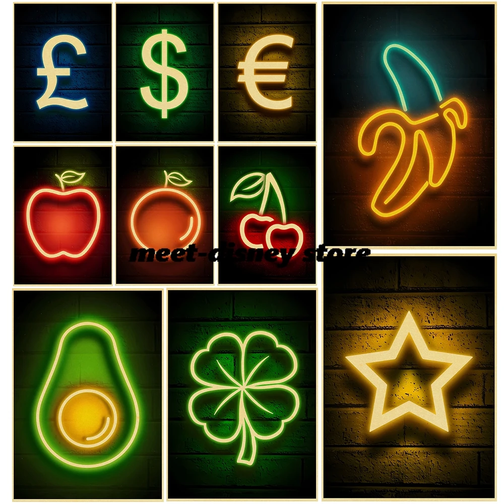 Cool Neon Sign Print Posters Kraft Paper Print Fruit Fun Creativity Home Decoration Landscape Art Picture Bedroom Poster