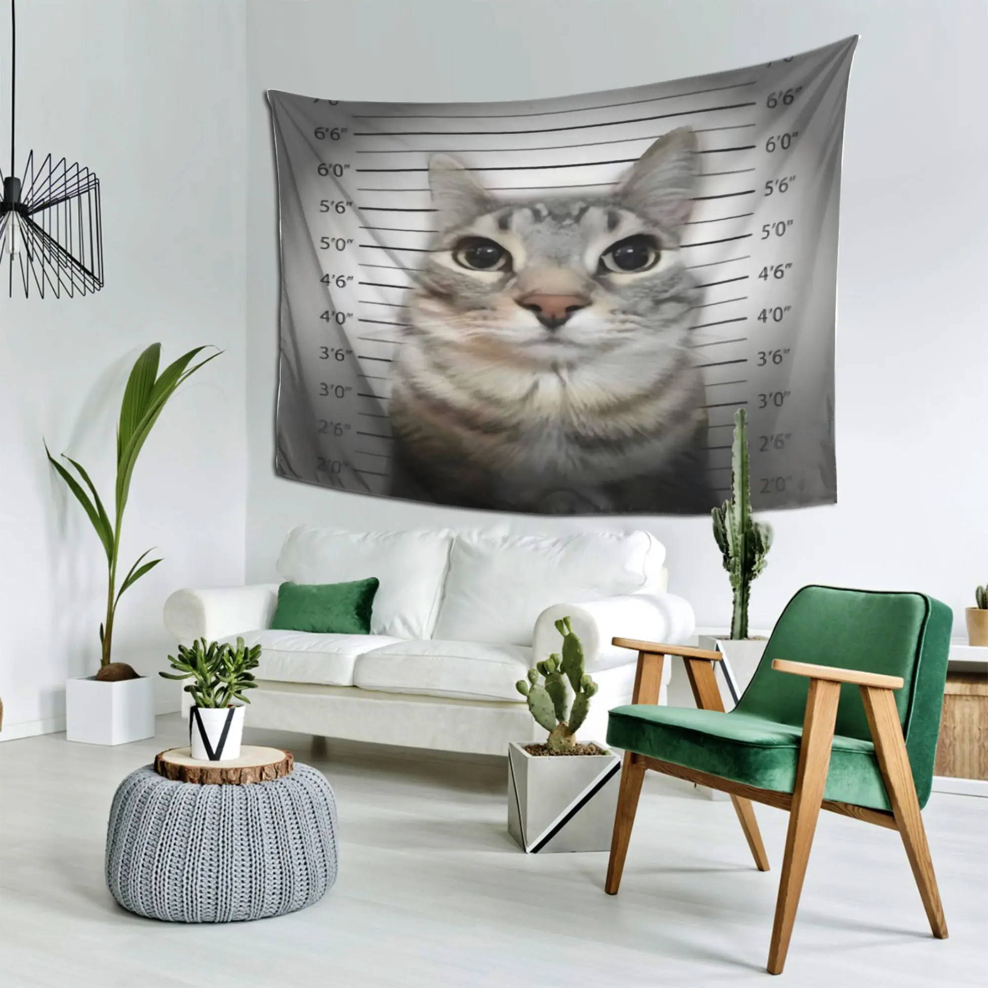 VIKAMA Funny Cat Imprisoned Mugshot Tapestry, Fun Police Station Headshot Wall Art for Bedroom Living Room Dorm
