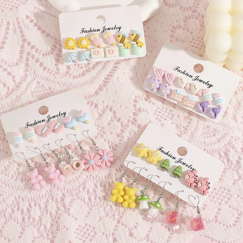 12Pcs European And American New Summer Sweet Simulated Animal Food Resin Earring Set Versatile Vacation Ear Jewelry
