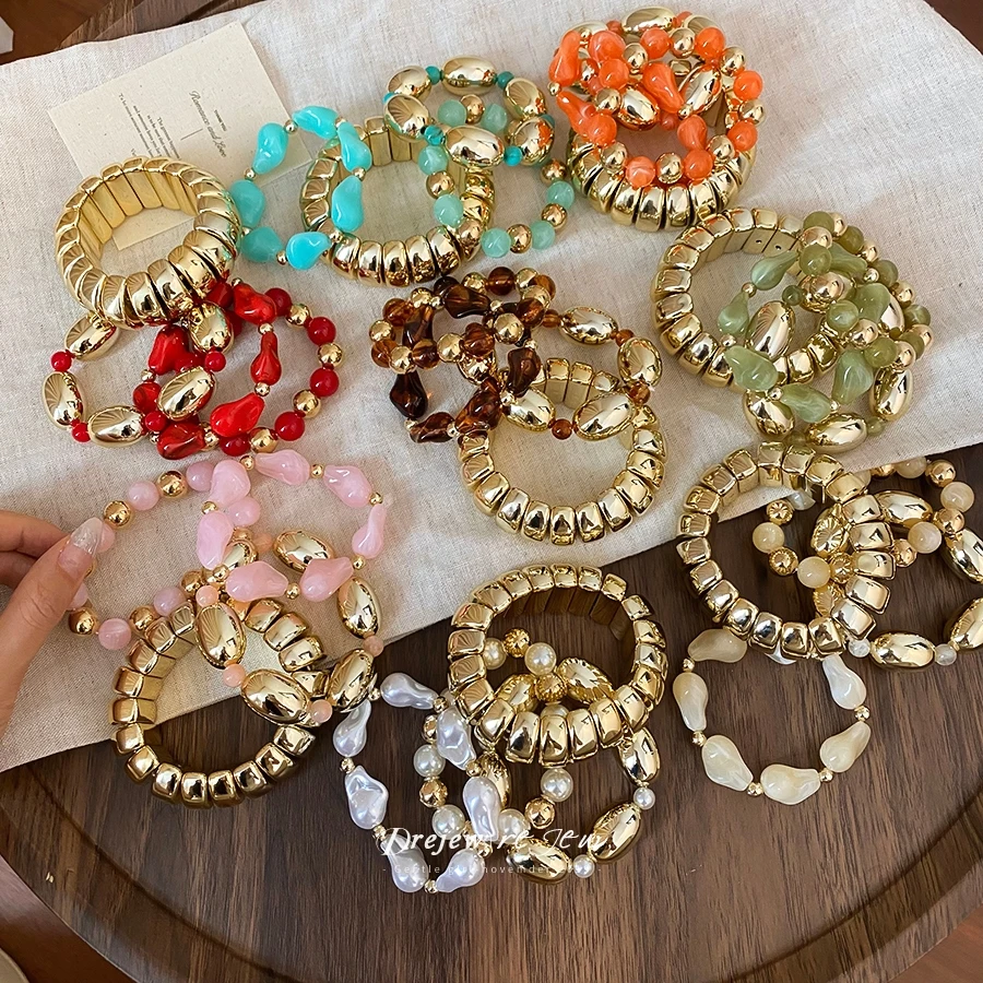 4 Pieces Alloy Corrugated Bead Stretch Bracelet Set Matching Multicolor Resin Beads Vintage Hand Jewelry Sets for Women