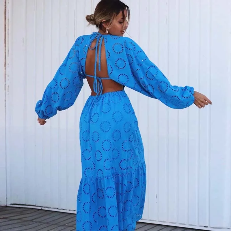 TEELYNN Boho Blue Lace Maxi Dresses For Women Vintage Long Sleeve Sexy Backless Embroidery O neck Cotton Dress Party Vestidos