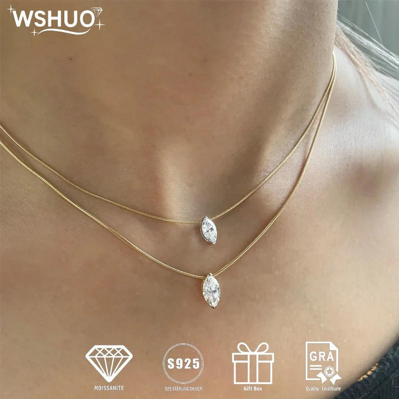 WSHUO 1CT Horse-Eye Cut D Moissanite Necklace 925 Sterling Silver Jewelry 18k Gold-plated Women's Pendant Necklace Birthday Gift