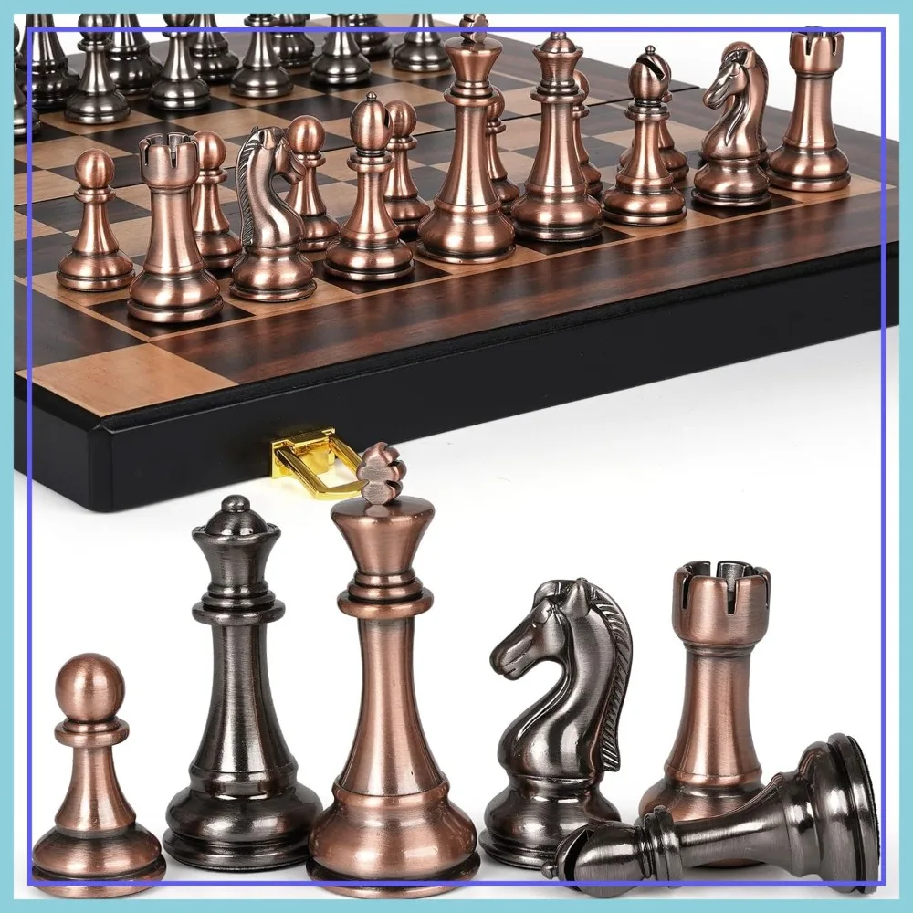 

15-Inch Metal Chess Set with Foldable Wood Board, Portable for Travel & Home