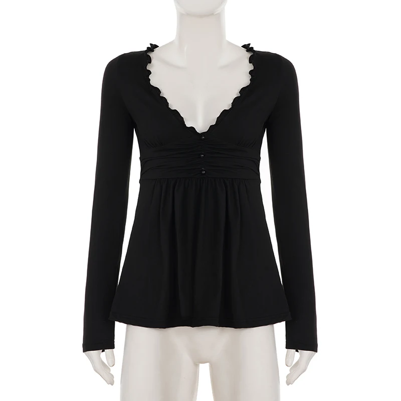 SUCHCUTE Vintage Y2K Damen Langarm-Oberteil mit tiefem V-Ausschnitt, geraffter Taille, Knopfleiste, lässiges All-Match-Outfit, Grunge Fairycore – Detail 4