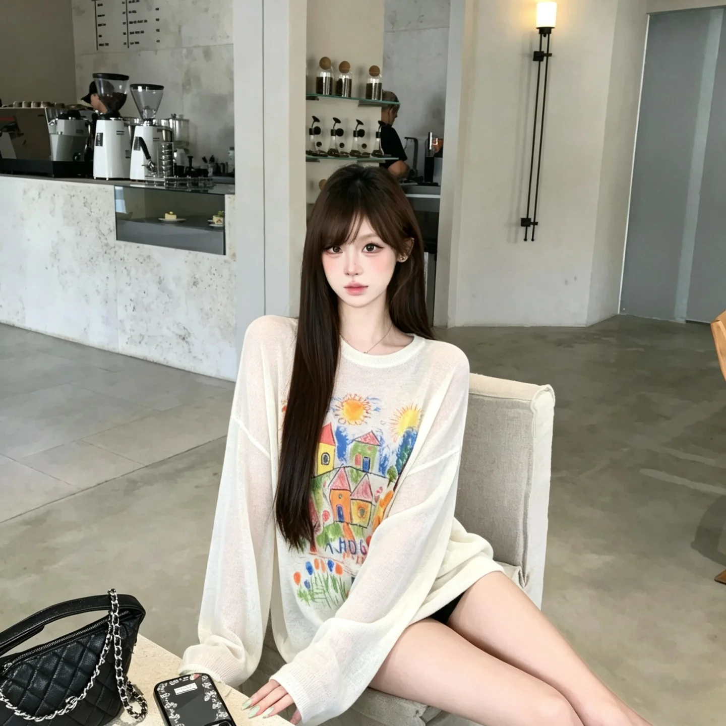 Graffiti Print Sun Protection Long Sleeve T-shirt Women Summer New Loose Cover Up Tops Unique Thin Outerwear Casual Blouse
