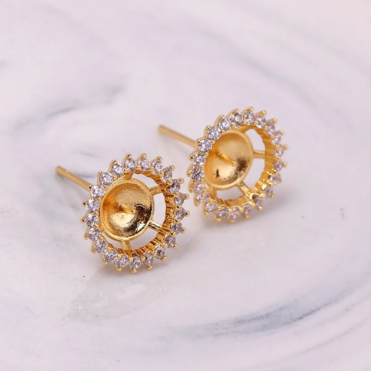 Women Brass 18K Gold Plated Round Hoop CZ Blank Setting Handmade Findings For DIY Pearl S925 Silver Needle Stud Earring